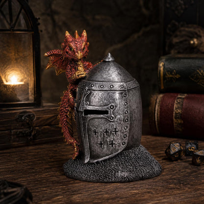 Hatchling Helm Dragon Figurine 13.2cm – Baby Dragon on Knight Helmet Fantasy Ornament (Red