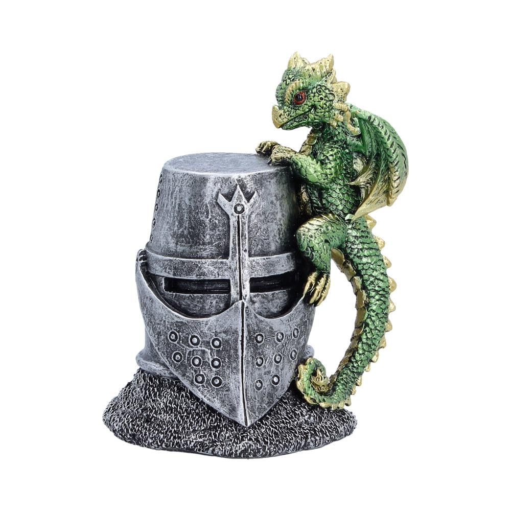 Hatchling Helm Dragon Figurine 13.2cm – Baby Dragon on Knight Helmet Fantasy Ornament (Green