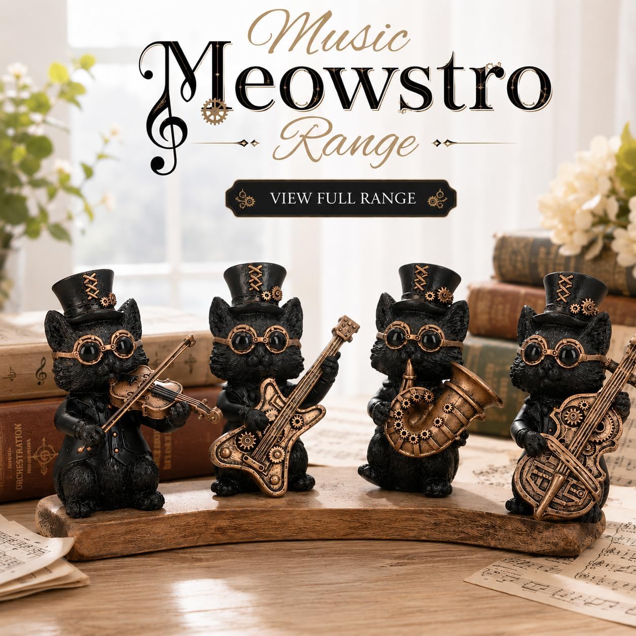 Music Meowstro Steampunk Cat Figurine Collection – Musical Cat Resin Ornament (Violin