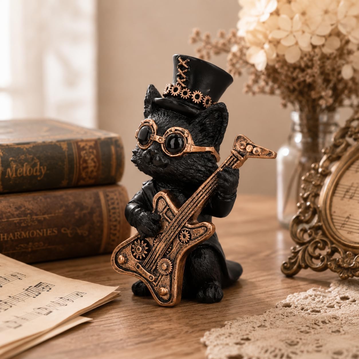 Music Meowstro Steampunk Cat Figurine Collection – Musical Cat Resin Ornament (Guitar