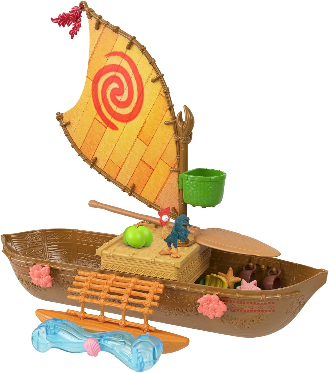 Mattel Disney Toys, Moana Floating Boat Playset w/ 5 Play Areas, 9 Accessories, Heihei Animal Figure & Seesaw, Ocean Voyager Canoe, Inspired by Movie, JLH61