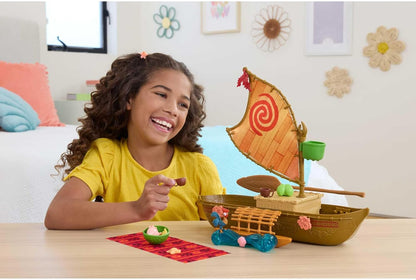 Mattel Disney Toys, Moana Floating Boat Playset w/ 5 Play Areas, 9 Accessories, Heihei Animal Figure & Seesaw, Ocean Voyager Canoe, Inspired by Movie, JLH61
