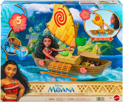 Mattel Disney Toys, Moana Floating Boat Playset w/ 5 Play Areas, 9 Accessories, Heihei Animal Figure & Seesaw, Ocean Voyager Canoe, Inspired by Movie, JLH61