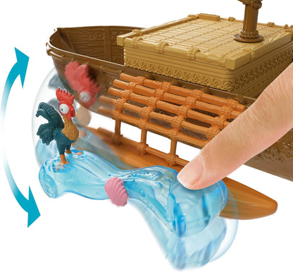 Mattel Disney Toys, Moana Floating Boat Playset w/ 5 Play Areas, 9 Accessories, Heihei Animal Figure & Seesaw, Ocean Voyager Canoe, Inspired by Movie, JLH61