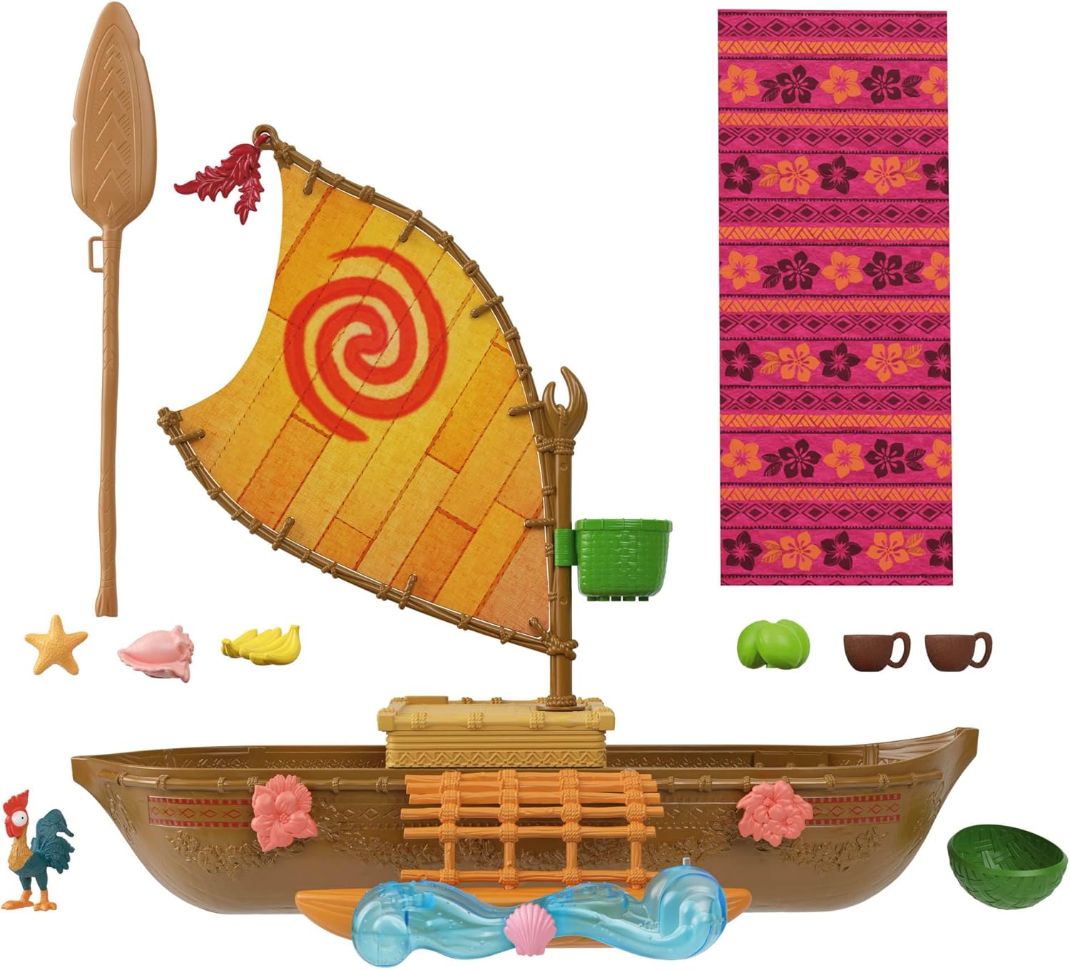 Mattel Disney Toys, Moana Floating Boat Playset w/ 5 Play Areas, 9 Accessories, Heihei Animal Figure & Seesaw, Ocean Voyager Canoe, Inspired by Movie, JLH61