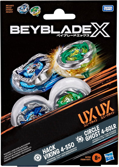 Beyblade X Circle Ghost 4-60LR UX & Hack Viking 4-55O UX Takara Tomy Dual Pack Set with 2 Right-Spinning Tops, Battling Tops Game Toys, Ages 8+