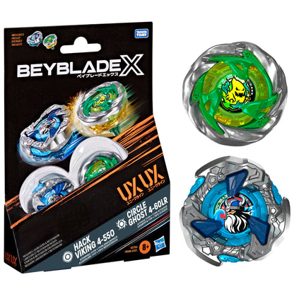 Beyblade X Circle Ghost 4-60LR UX & Hack Viking 4-55O UX Takara Tomy Dual Pack Set with 2 Right-Spinning Tops, Battling Tops Game Toys, Ages 8+