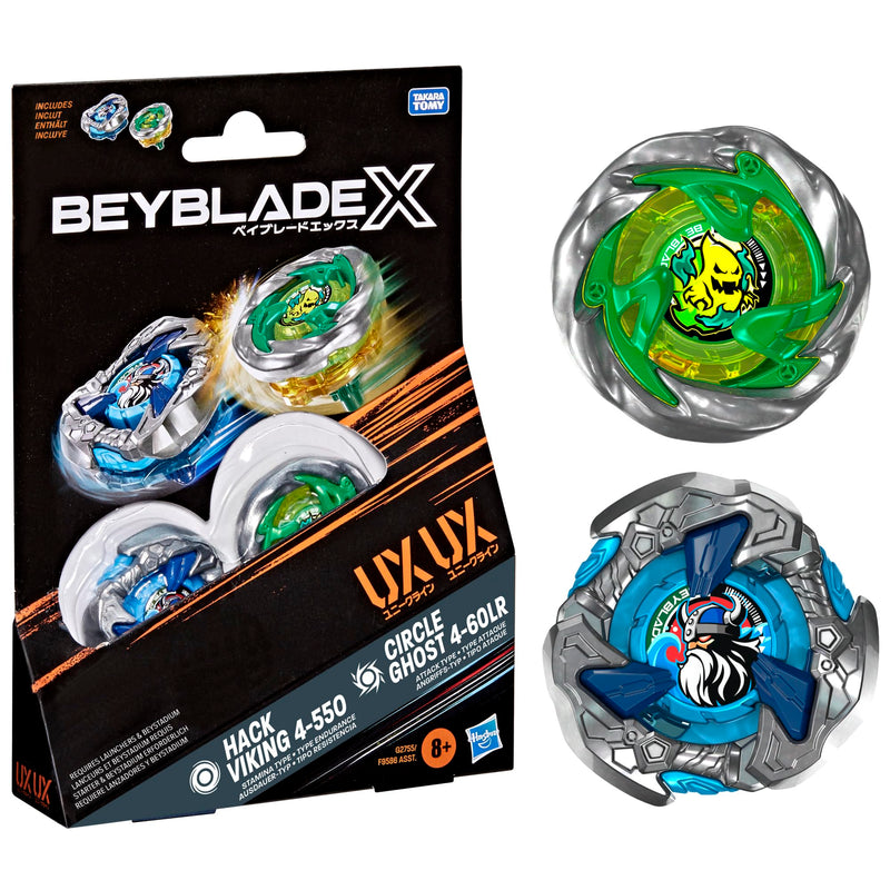 Beyblade X Circle Ghost 4-60LR UX & Hack Viking 4-55O UX Takara Tomy Dual Pack Set with 2 Right-Spinning Tops, Battling Tops Game Toys, Ages 8+