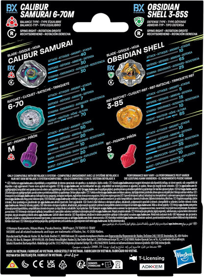 Beyblade X Calibur Samurai 6-70M BX & Obsidian Shell 3-85S BX Takara Tomy Dual Pack Set with 2 Right-Spinning Tops, Battling Tops Game Toys, Ages 8+
