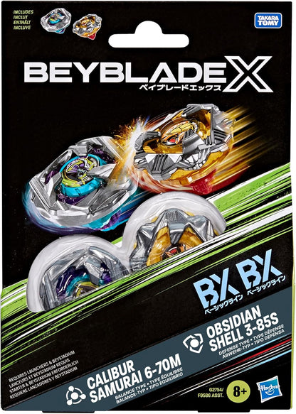 Beyblade X Calibur Samurai 6-70M BX & Obsidian Shell 3-85S BX Takara Tomy Dual Pack Set with 2 Right-Spinning Tops, Battling Tops Game Toys, Ages 8+