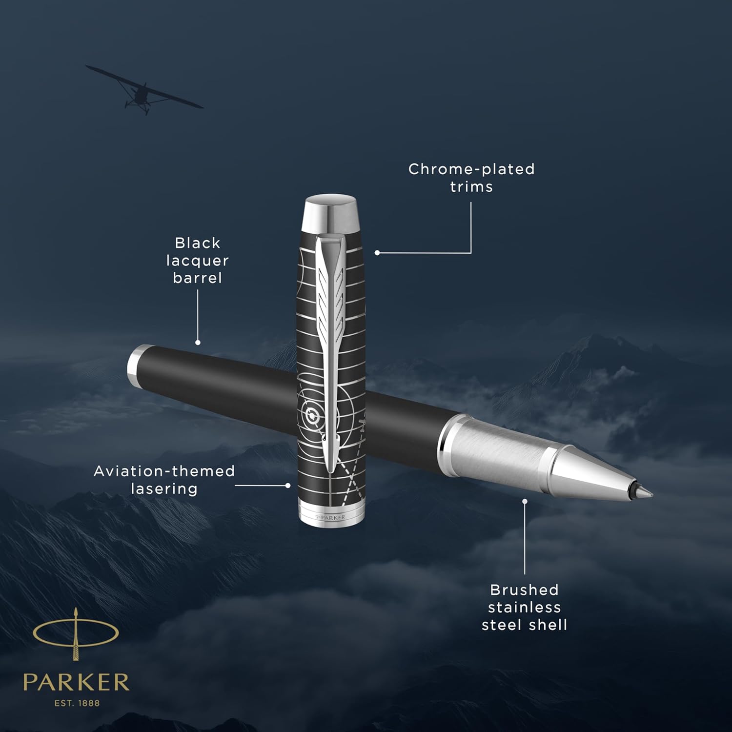 Parker IM Premium Penna Rollerball | Collezione Legacy of Flight | Rifiniture Cromate | Punta Fine | Inchiostro Nero | Confezione Regalo