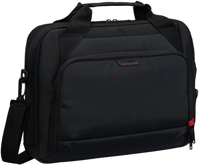 Targus 13–14 Inch Classic EcoSmart Laptop Briefcase – Slim Water-Resistant Laptop Bag with Padded Sleeve, Anti-Theft Zips, Shoulder Strap & Trolley Strap, Eco-Friendly Work Bag, Black (CN414GL