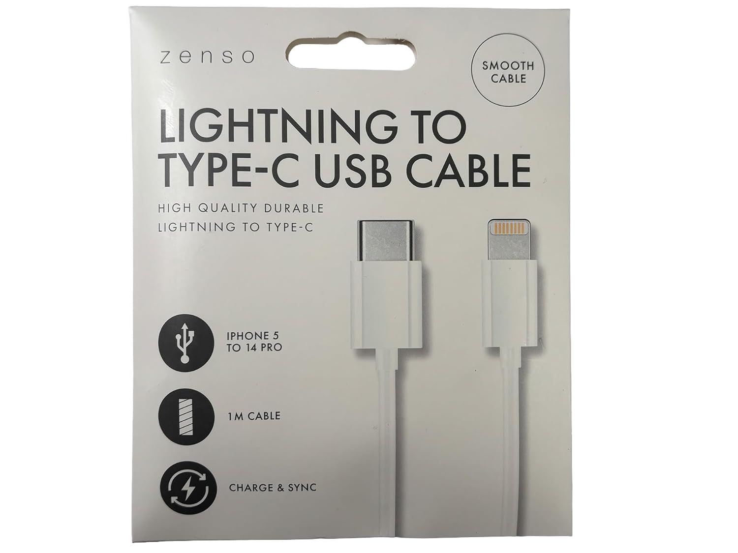 Zenso Lightening to USB C Cable, White, Durable, 1M Length, Smooth Cable for, Charge and Sync Compatible devices