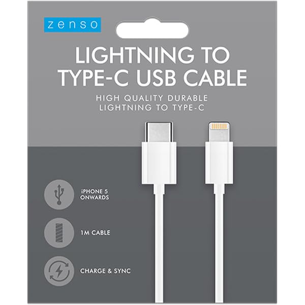 Zenso Lightening to USB C Cable, White, Durable, 1M Length, Smooth Cable for, Charge and Sync Compatible devices