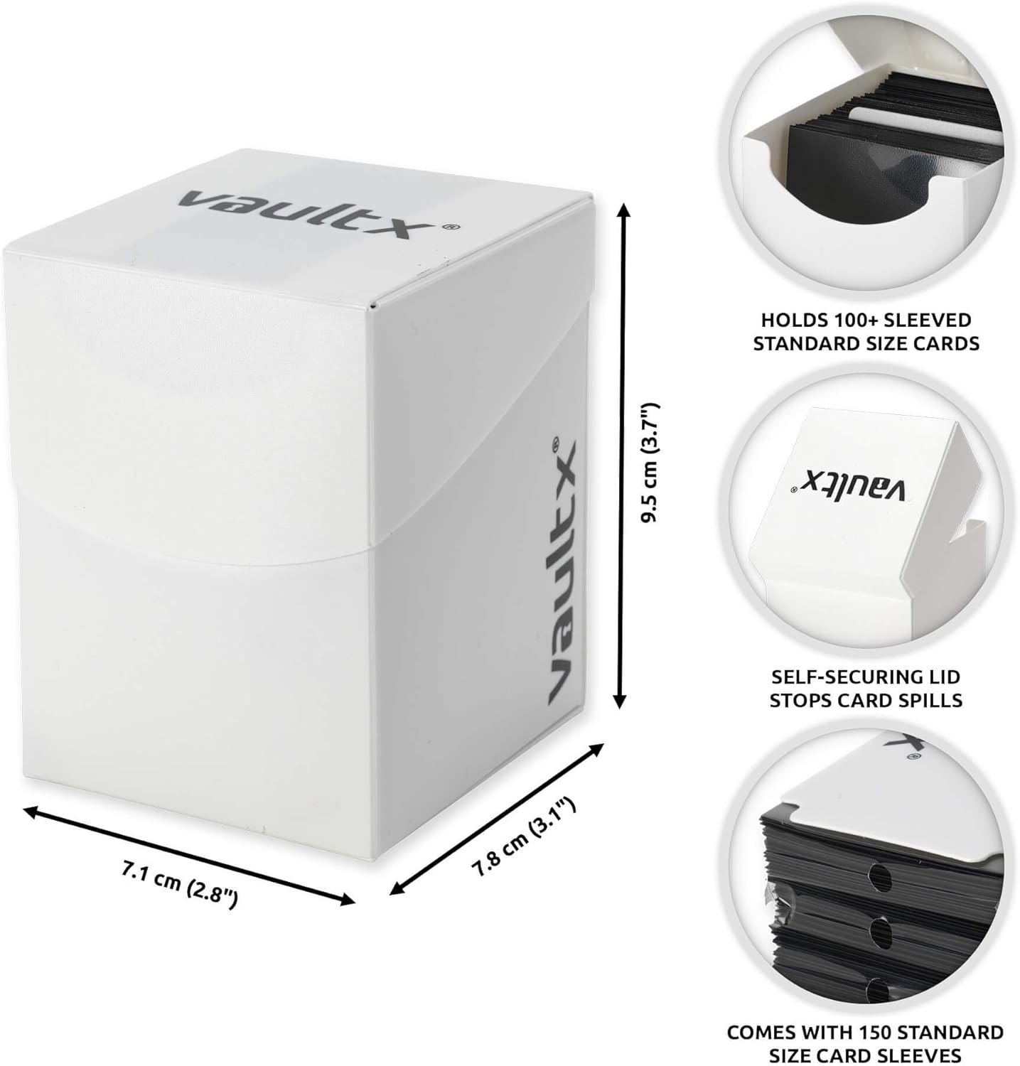 Vault X Large Standard Deck Box with 150 Black Sleeves, fits 100+ Sleeved Trading Cards (White)
