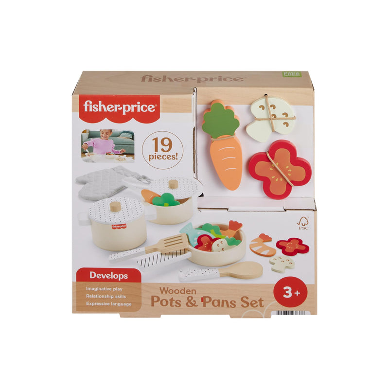Fisher-Price - Set in legno Cuciniamo Insieme, playset a tema cucina con 19 pezzi in legno tra cui pentola, padelle, vivande e utensili vari da cucina, giocattolo per bambini, 3+ anni, HXT83