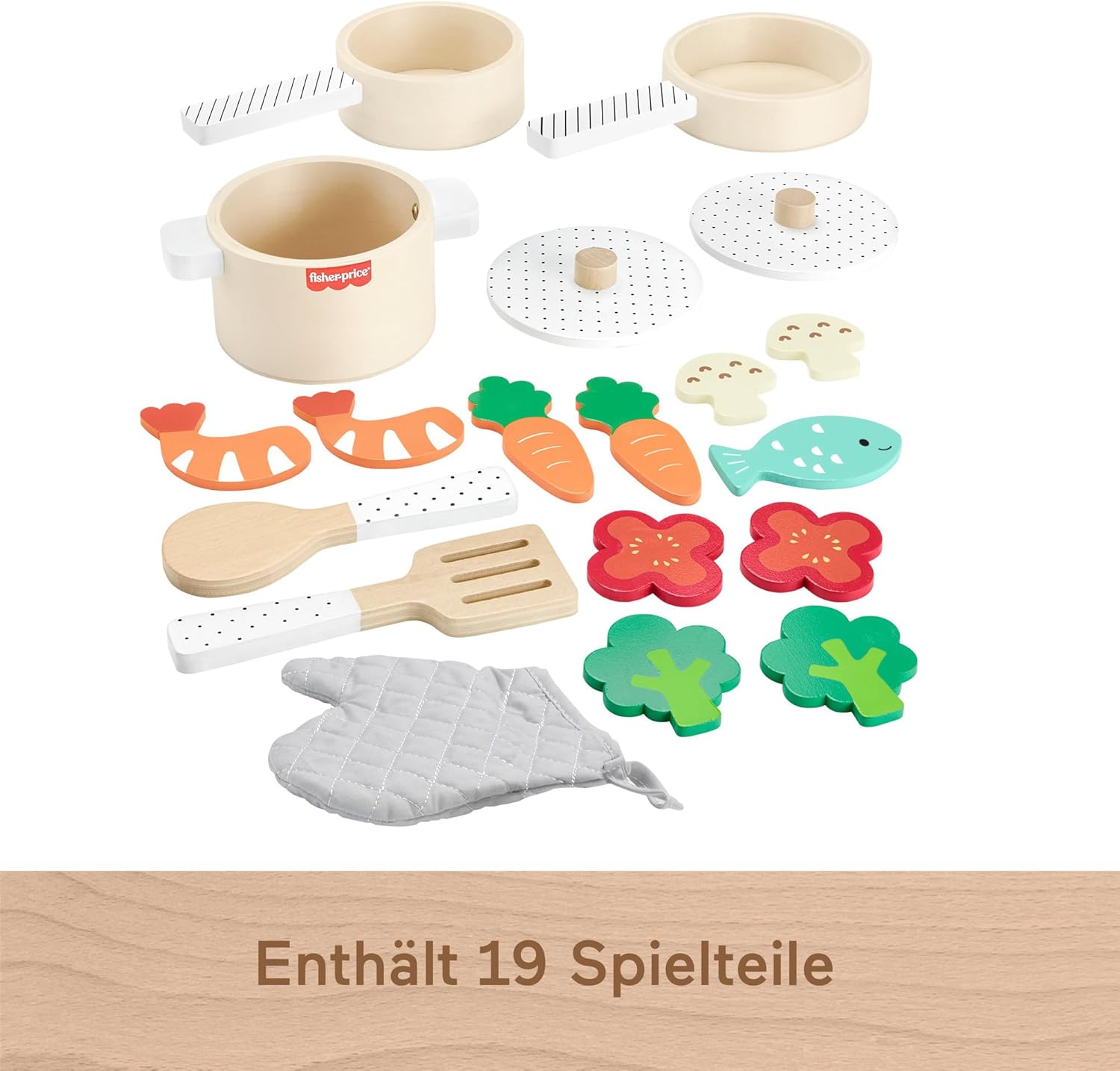 Fisher-Price - Set in legno Cuciniamo Insieme, playset a tema cucina con 19 pezzi in legno tra cui pentola, padelle, vivande e utensili vari da cucina, giocattolo per bambini, 3+ anni, HXT83