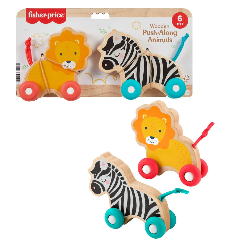 Fisher-Price Holz-Schiebetierchen Spielzeug für Babys, Set aus 2 Schiebetierchen mit Silikonrädern zum Spielen beim Krabbeln für Kleinkinder ab 6 Monaten, JFN19
