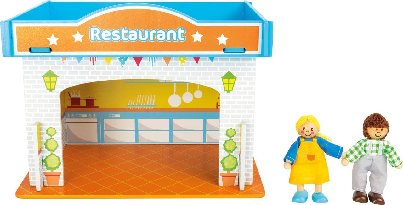 small foot 10852 Spielhaus Restaurant aus Holz, mit 2 Puppenfiguren, Zubehör und abnehmbarem Dach, ab 3 Jahren
