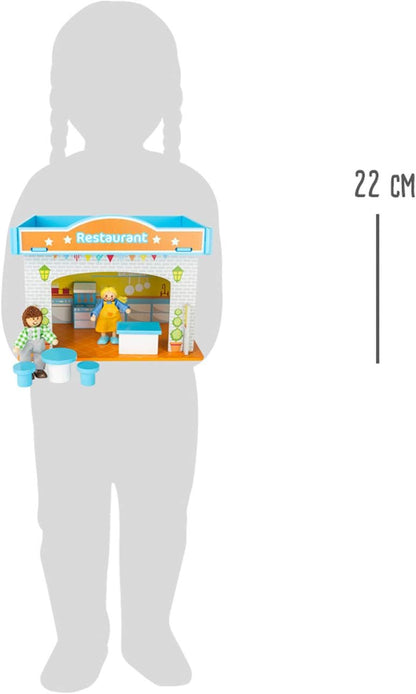 small foot 10852 Spielhaus Restaurant aus Holz, mit 2 Puppenfiguren, Zubehör und abnehmbarem Dach, ab 3 Jahren