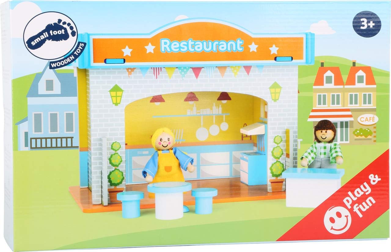 small foot 10852 Spielhaus Restaurant aus Holz, mit 2 Puppenfiguren, Zubehör und abnehmbarem Dach, ab 3 Jahren