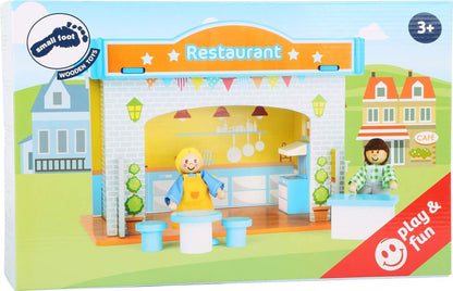 small foot 10852 Spielhaus Restaurant aus Holz, mit 2 Puppenfiguren, Zubehör und abnehmbarem Dach, ab 3 Jahren