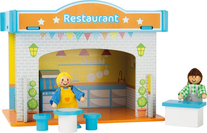 small foot 10852 Spielhaus Restaurant aus Holz, mit 2 Puppenfiguren, Zubehör und abnehmbarem Dach, ab 3 Jahren