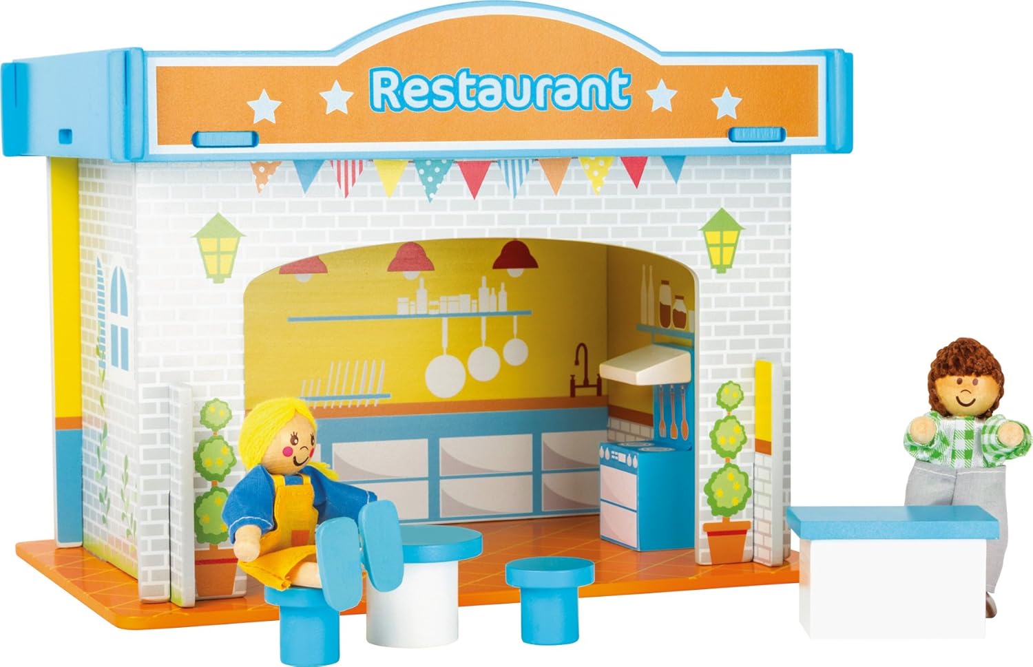 small foot 10852 Spielhaus Restaurant aus Holz, mit 2 Puppenfiguren, Zubehör und abnehmbarem Dach, ab 3 Jahren
