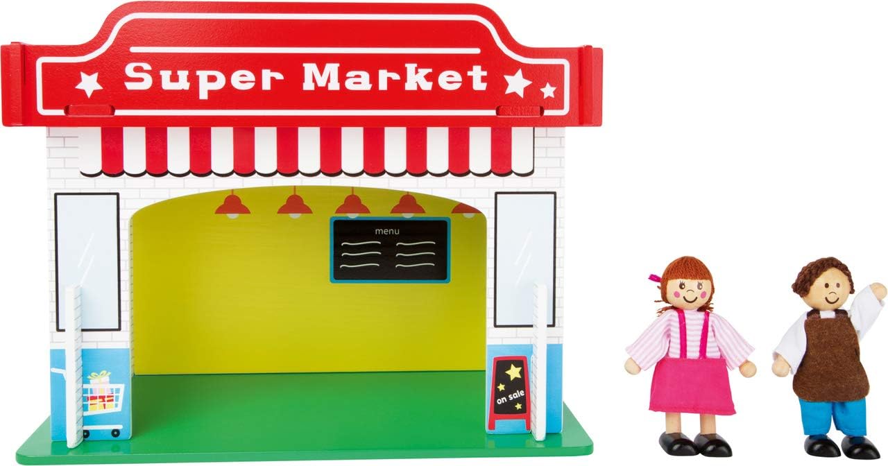 small foot 10853 Spielhaus Supermarkt aus Holz, mit 2 Puppenfiguren, Zubehör und abnehmbarem Dach, ab 3 Jahren