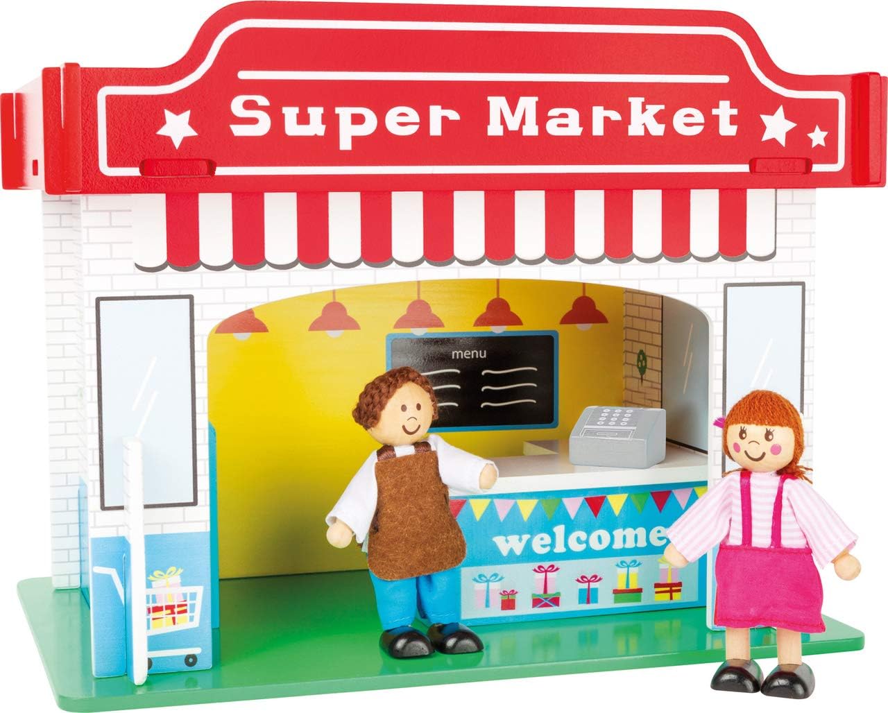 small foot 10853 Spielhaus Supermarkt aus Holz, mit 2 Puppenfiguren, Zubehör und abnehmbarem Dach, ab 3 Jahren