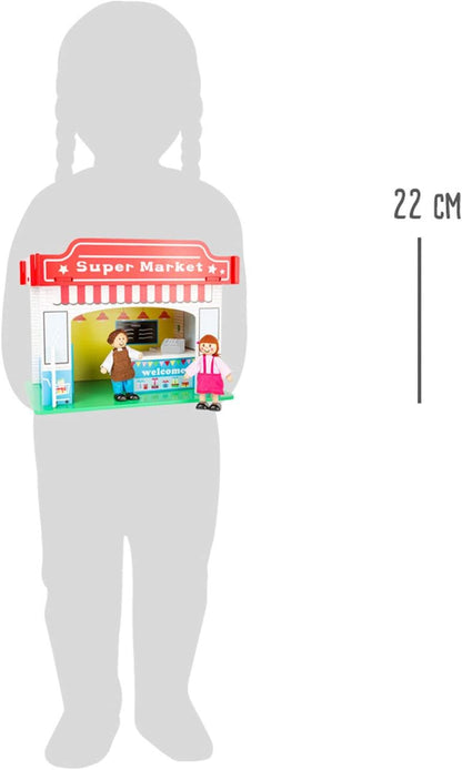 small foot 10853 Spielhaus Supermarkt aus Holz, mit 2 Puppenfiguren, Zubehör und abnehmbarem Dach, ab 3 Jahren