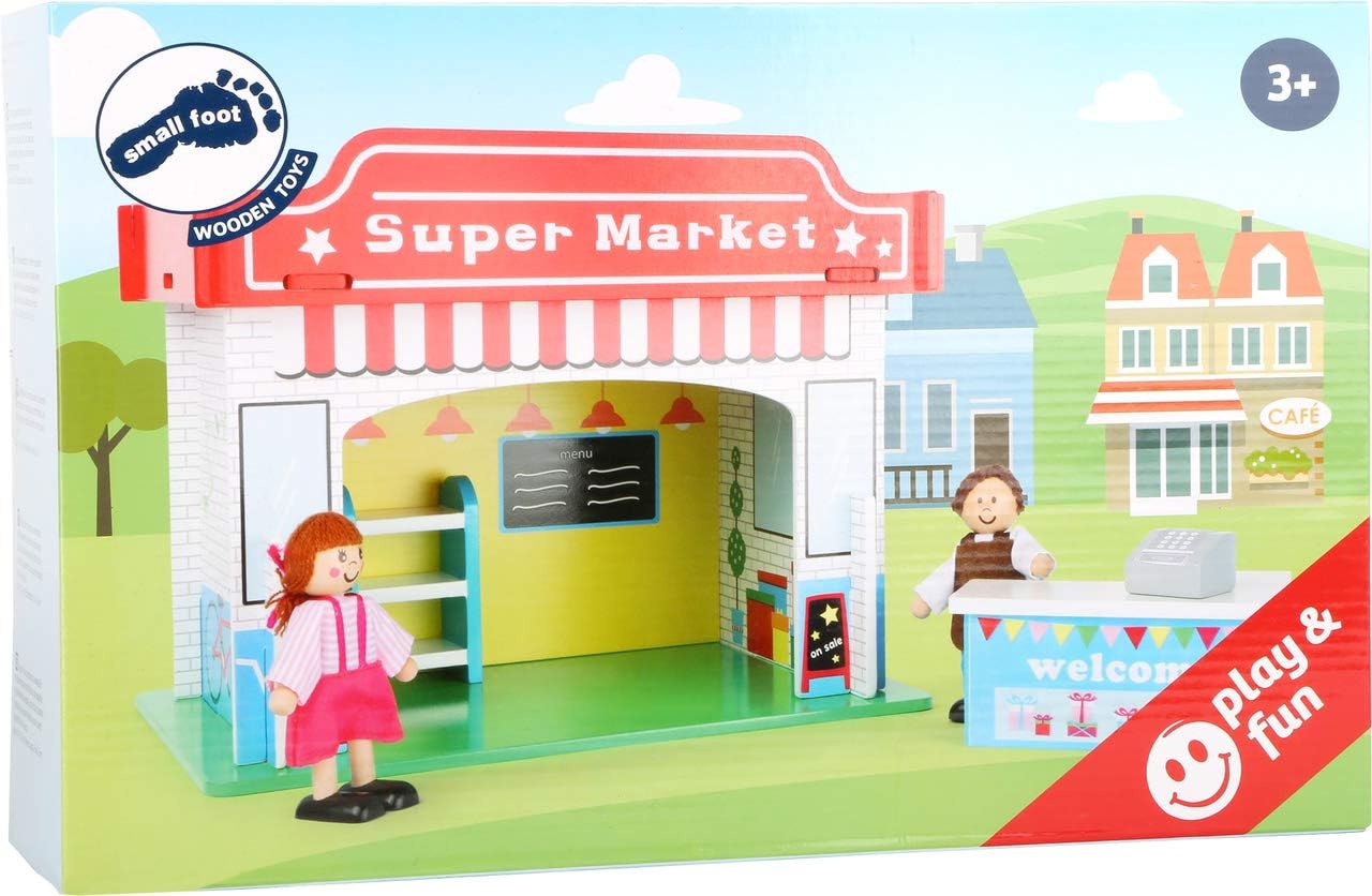 small foot 10853 Spielhaus Supermarkt aus Holz, mit 2 Puppenfiguren, Zubehör und abnehmbarem Dach, ab 3 Jahren