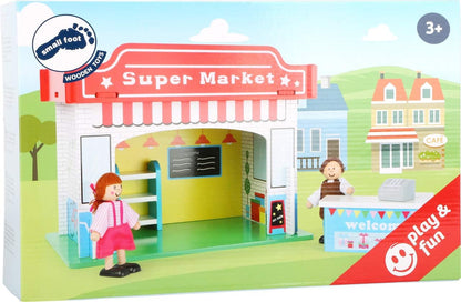 small foot 10853 Spielhaus Supermarkt aus Holz, mit 2 Puppenfiguren, Zubehör und abnehmbarem Dach, ab 3 Jahren