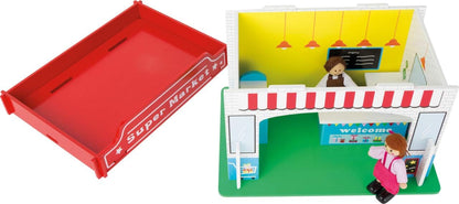 small foot 10853 Spielhaus Supermarkt aus Holz, mit 2 Puppenfiguren, Zubehör und abnehmbarem Dach, ab 3 Jahren