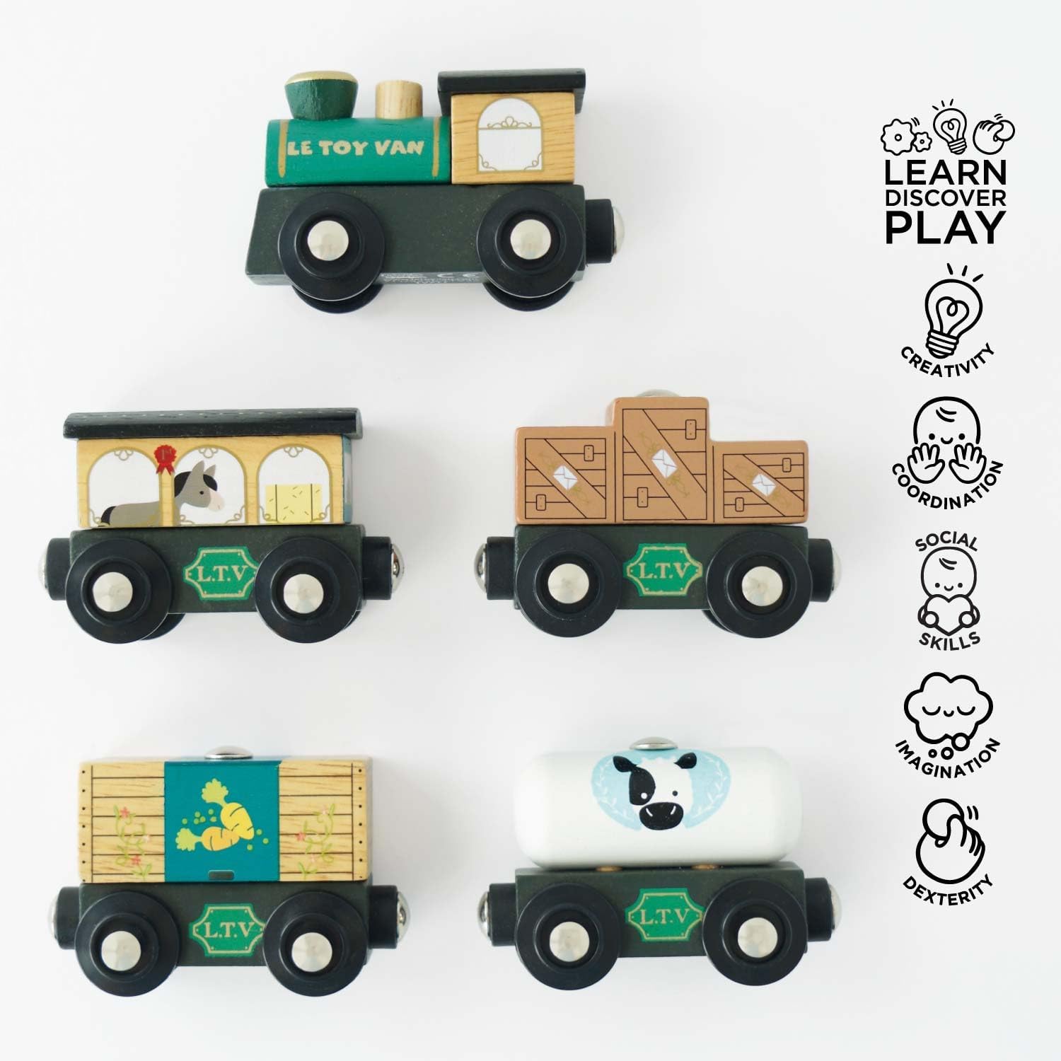 Le Toy Van - TV711 - Holzeisenbahn für Kinder ab 3 Jahren. Great Green, Montessori-Spiel mit 5 abnehmbaren Magnetwagen, hergestellt aus ökologischem FSC-zertifiziertem Holz