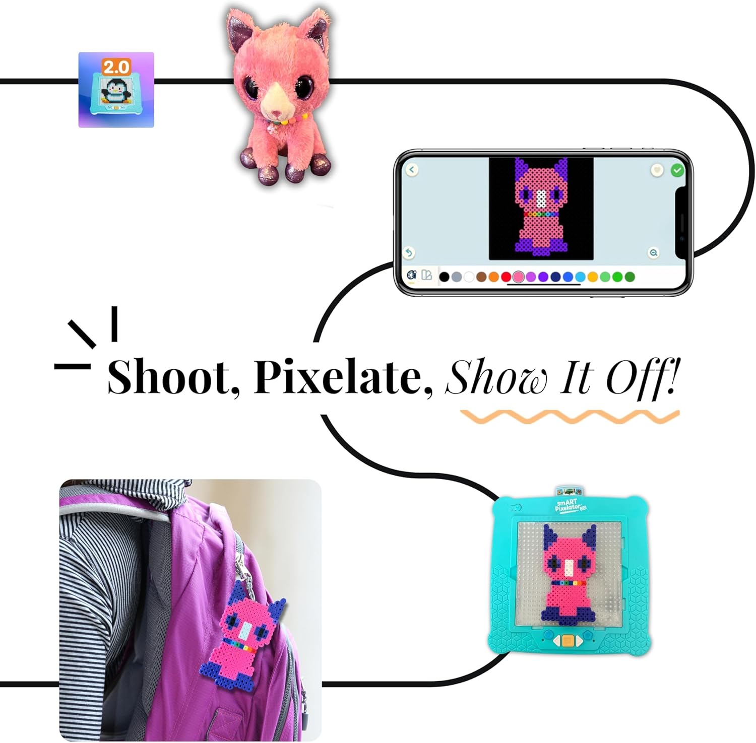 Flycatcher smART Pixelator 2.0 – LED Pattern Guide for Fuse Bead Crafts, 2D & 3D Designs, Free App-Connected STEAM Toy, Birthday Gift Ages 7+