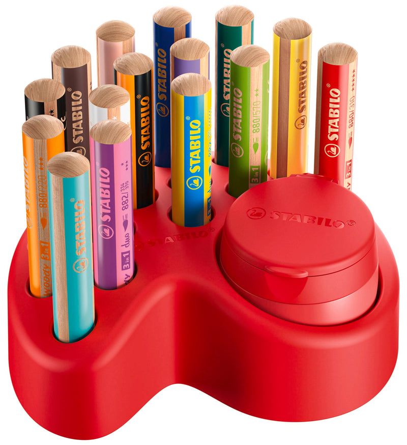 STABILO - Premium-Deskset - woody 3 in 1-15 Stuks - 10x woody 3 in 1, 2x woody 3 in 1 Pastel, 3x woody 3 in 1 duo, 1x Containerpuntenslijper, 1x Deskset