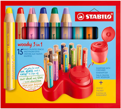 STABILO - Premium-Deskset - woody 3 in 1-15 Stuks - 10x woody 3 in 1, 2x woody 3 in 1 Pastel, 3x woody 3 in 1 duo, 1x Containerpuntenslijper, 1x Deskset