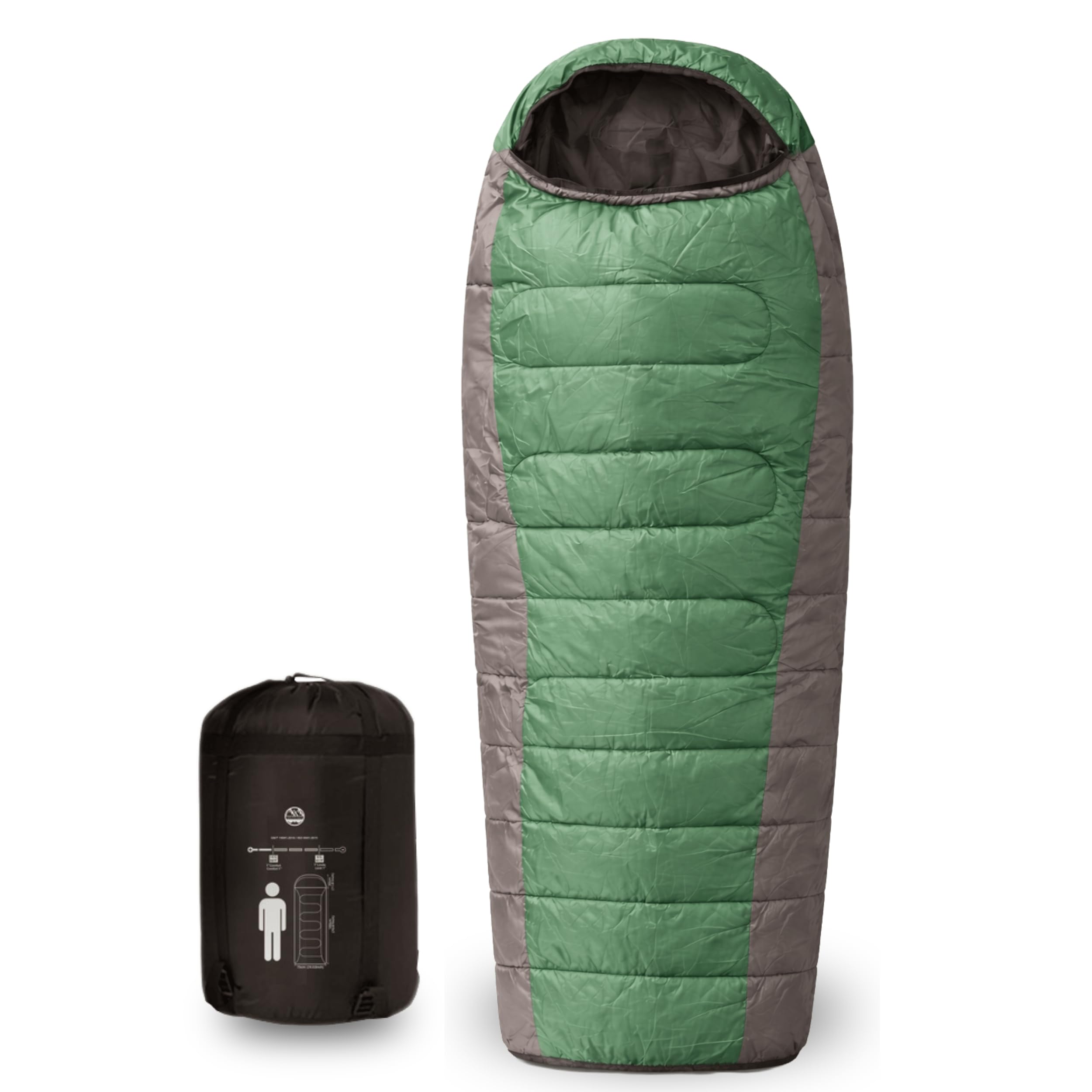 Ember Sleeping Bag, Green Lightweight Camping Sleep Sack with Hood, 210T Polyester Shell, Hollow Cotton Insulation, 5°C to 15°C Comfort