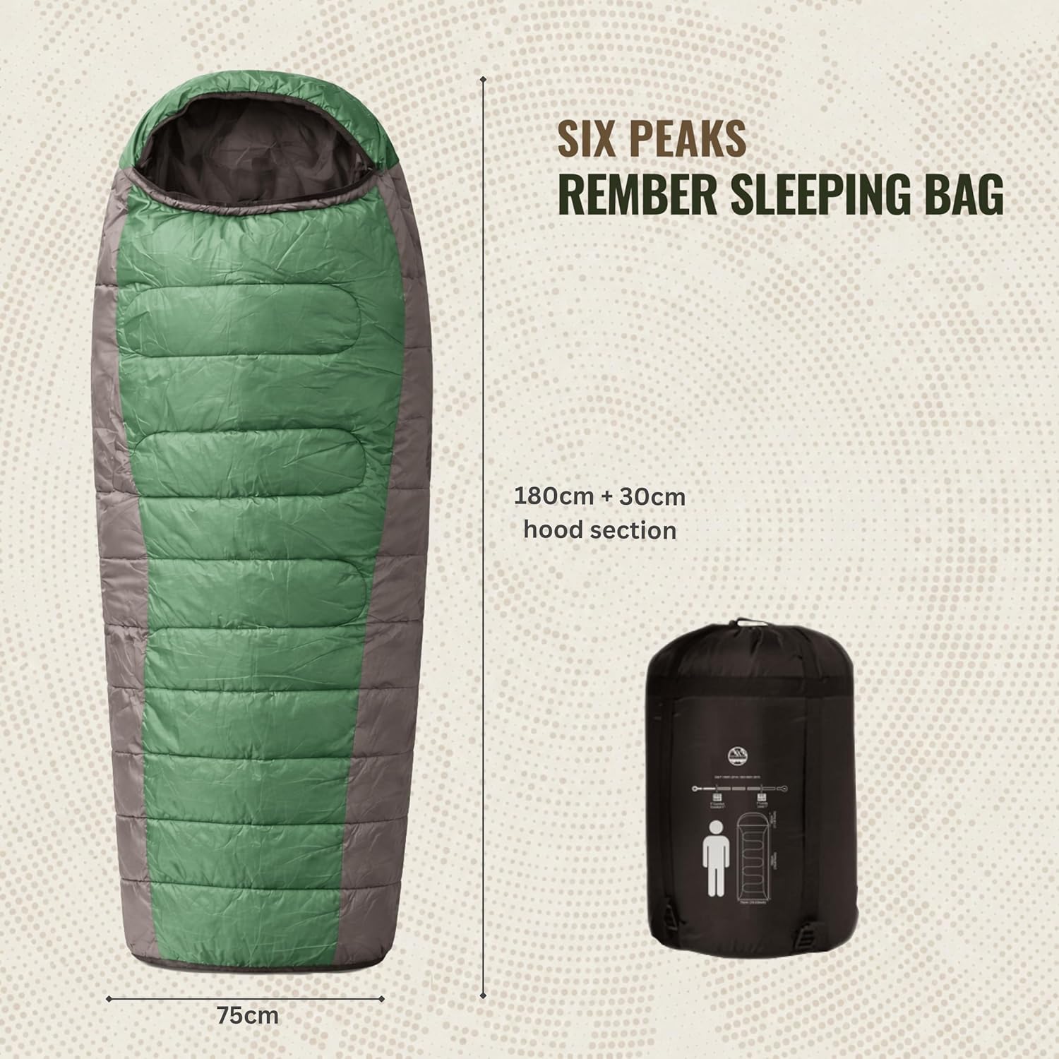 Ember Sleeping Bag, Green Lightweight Camping Sleep Sack with Hood, 210T Polyester Shell, Hollow Cotton Insulation, 5°C to 15°C Comfort