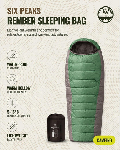 Ember Sleeping Bag, Green Lightweight Camping Sleep Sack with Hood, 210T Polyester Shell, Hollow Cotton Insulation, 5°C to 15°C Comfort