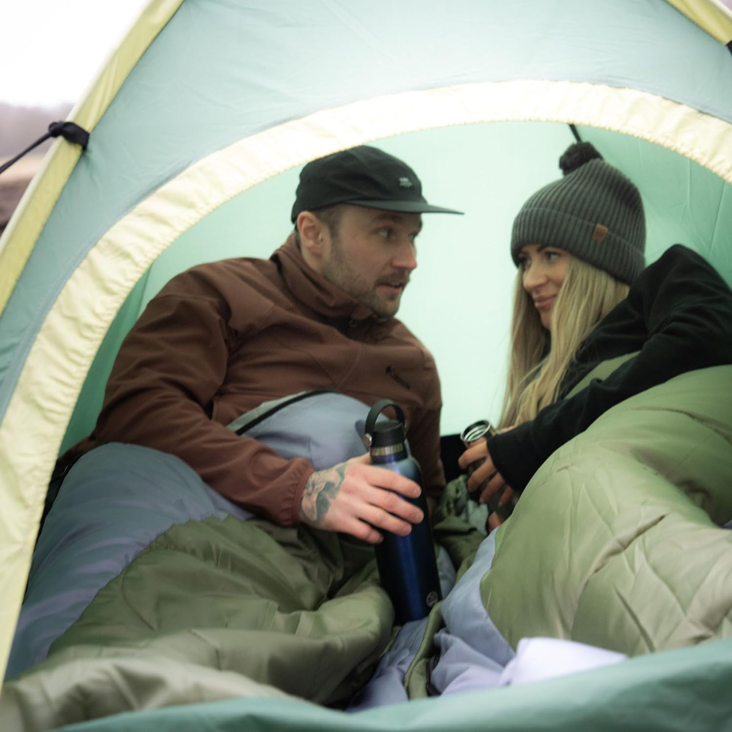 Ember Sleeping Bag, Green Lightweight Camping Sleep Sack with Hood, 210T Polyester Shell, Hollow Cotton Insulation, 5°C to 15°C Comfort