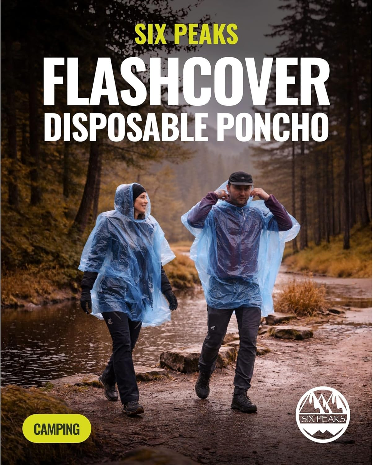 FlashCover Disposable Poncho, Waterproof PE Rain Cape, One Size 124 x 103 cm, Lightweight Festival, Camping, Hiking and Emergency Cover, Blue