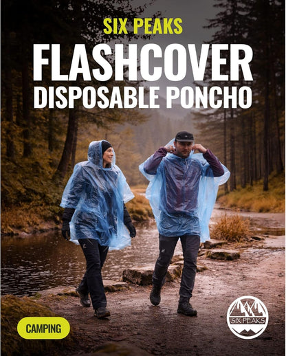 FlashCover Disposable Poncho, Waterproof PE Rain Cape, One Size 124 x 103 cm, Lightweight Festival, Camping, Hiking and Emergency Cover, Blue