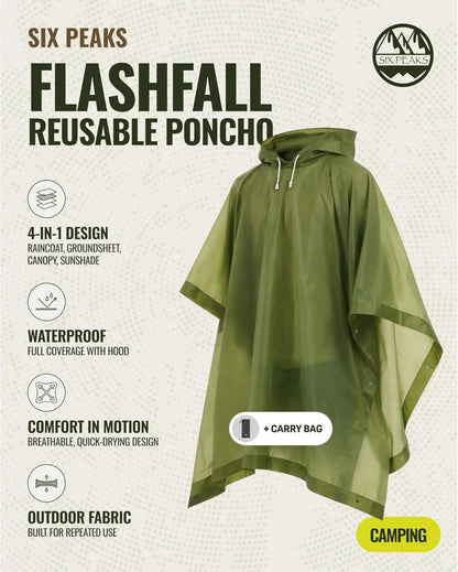 FlashFall Reusable Poncho, 4 in 1 Waterproof Rain Resistant Travel Cape Canopy, Sunshade with Hood, Carry Bag, Lightweight Outdoor Camping Body Cover