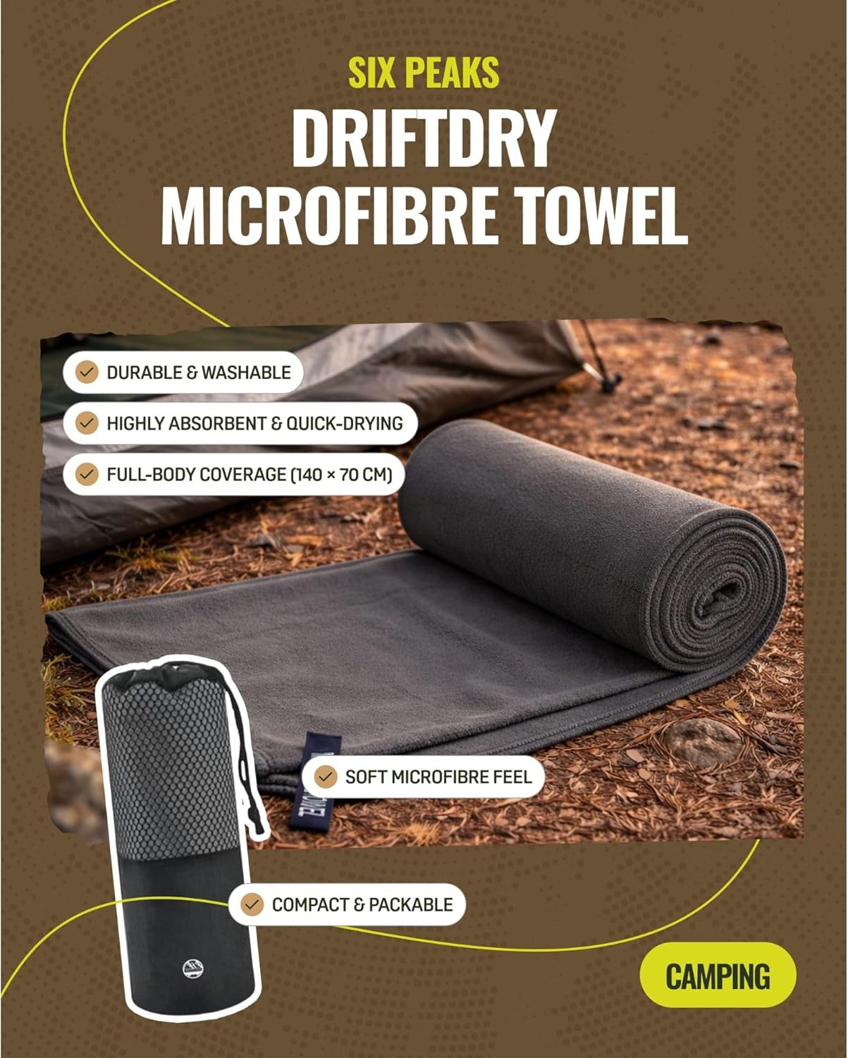 DriftDry Microfibre Towel, 140 x 70 cm Quick Drying Travel Towel with Carry Bag, Lightweight Packable Camping Gym Swim Outdoor Towel, Grey