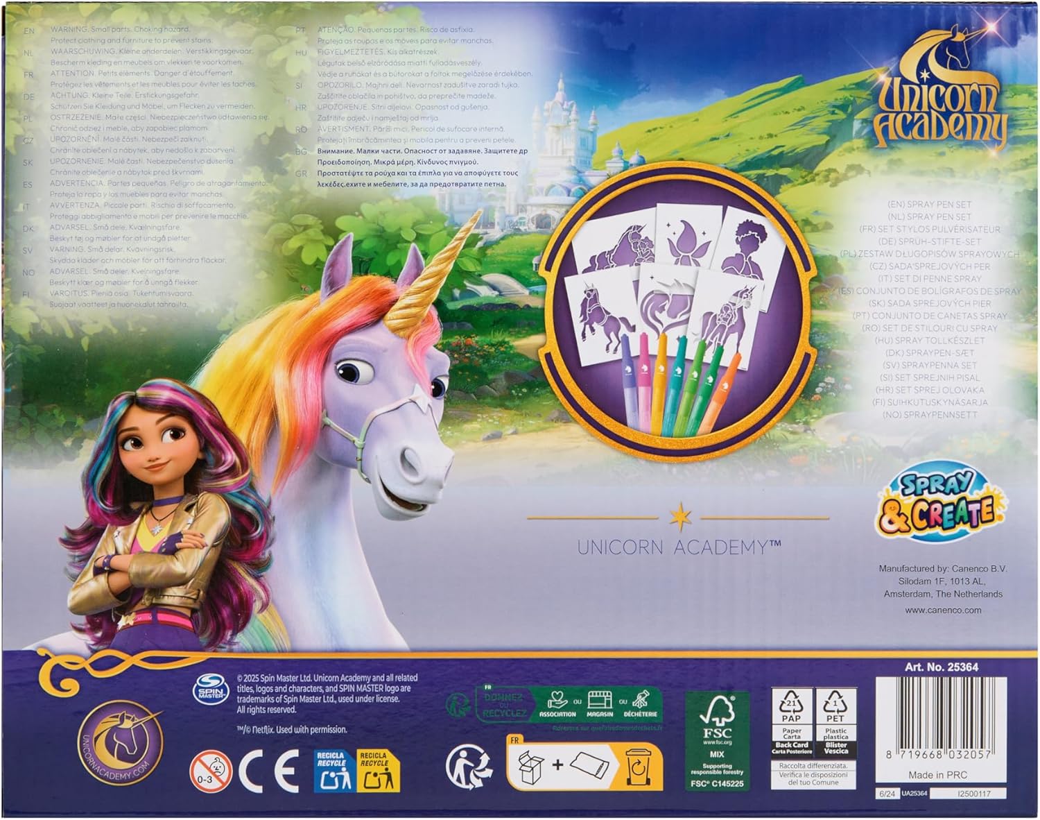 Unicorn Academy Spraypenset, airbrush-schilderset met 7 poppenstiften en 6 sjablonen, toverstiften voor kinderen, creatieve knutselset met spuitstiften, officieel Netflix-fanartikel cadeau