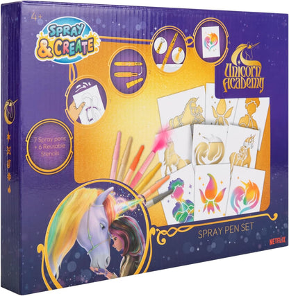 Unicorn Academy Spraypenset, airbrush-schilderset met 7 poppenstiften en 6 sjablonen, toverstiften voor kinderen, creatieve knutselset met spuitstiften, officieel Netflix-fanartikel cadeau