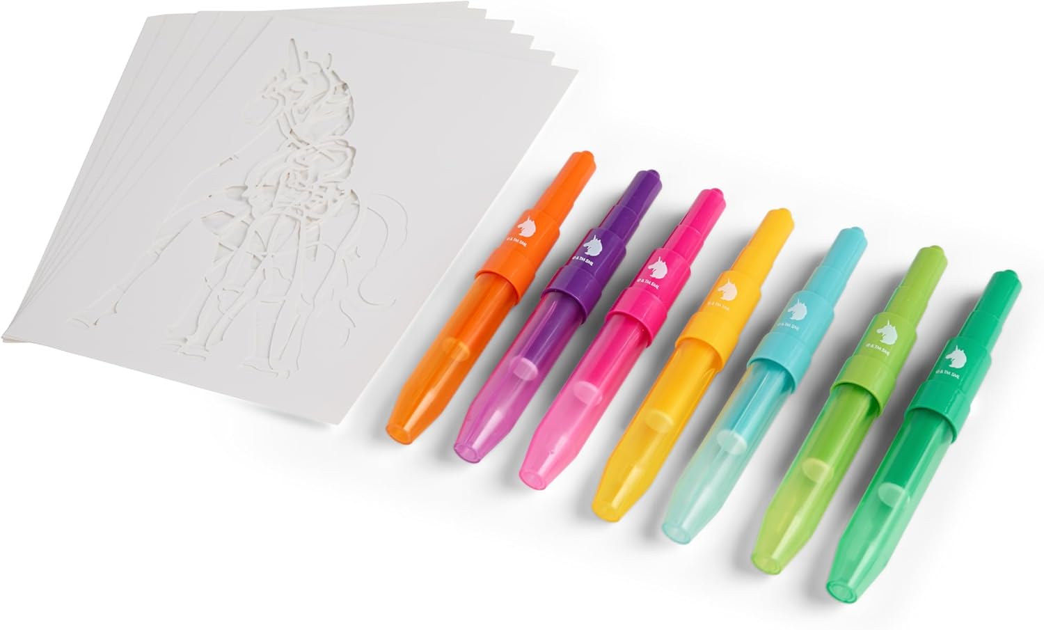 Unicorn Academy Spraypenset, airbrush-schilderset met 7 poppenstiften en 6 sjablonen, toverstiften voor kinderen, creatieve knutselset met spuitstiften, officieel Netflix-fanartikel cadeau