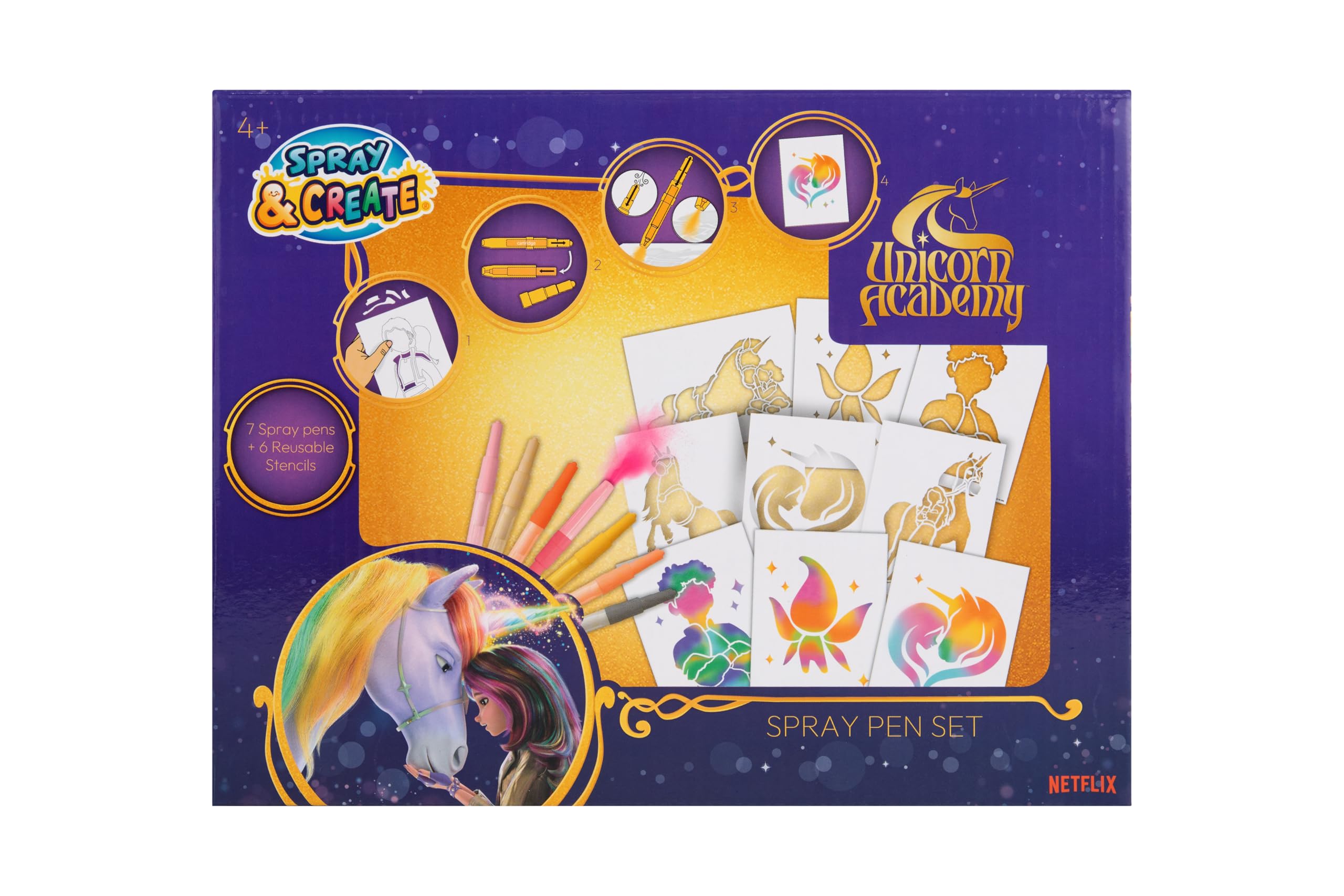 Unicorn Academy Spraypenset, airbrush-schilderset met 7 poppenstiften en 6 sjablonen, toverstiften voor kinderen, creatieve knutselset met spuitstiften, officieel Netflix-fanartikel cadeau
